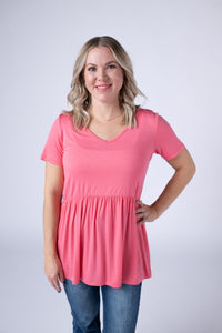 Sarah Ruffle Short Sleeve - Sun Kissed Coral-Tops-Villari Chic, women's online fashion boutique in Severna, Maryland