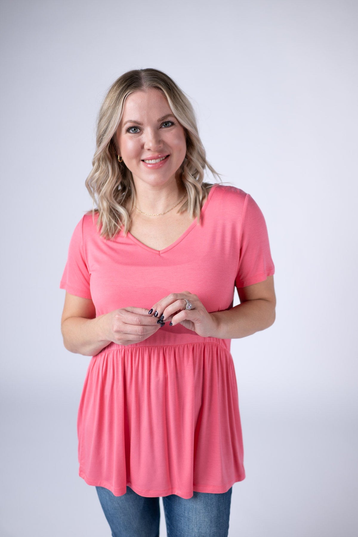 Sarah Ruffle Short Sleeve - Sun Kissed Coral-Tops-Villari Chic, women's online fashion boutique in Severna, Maryland