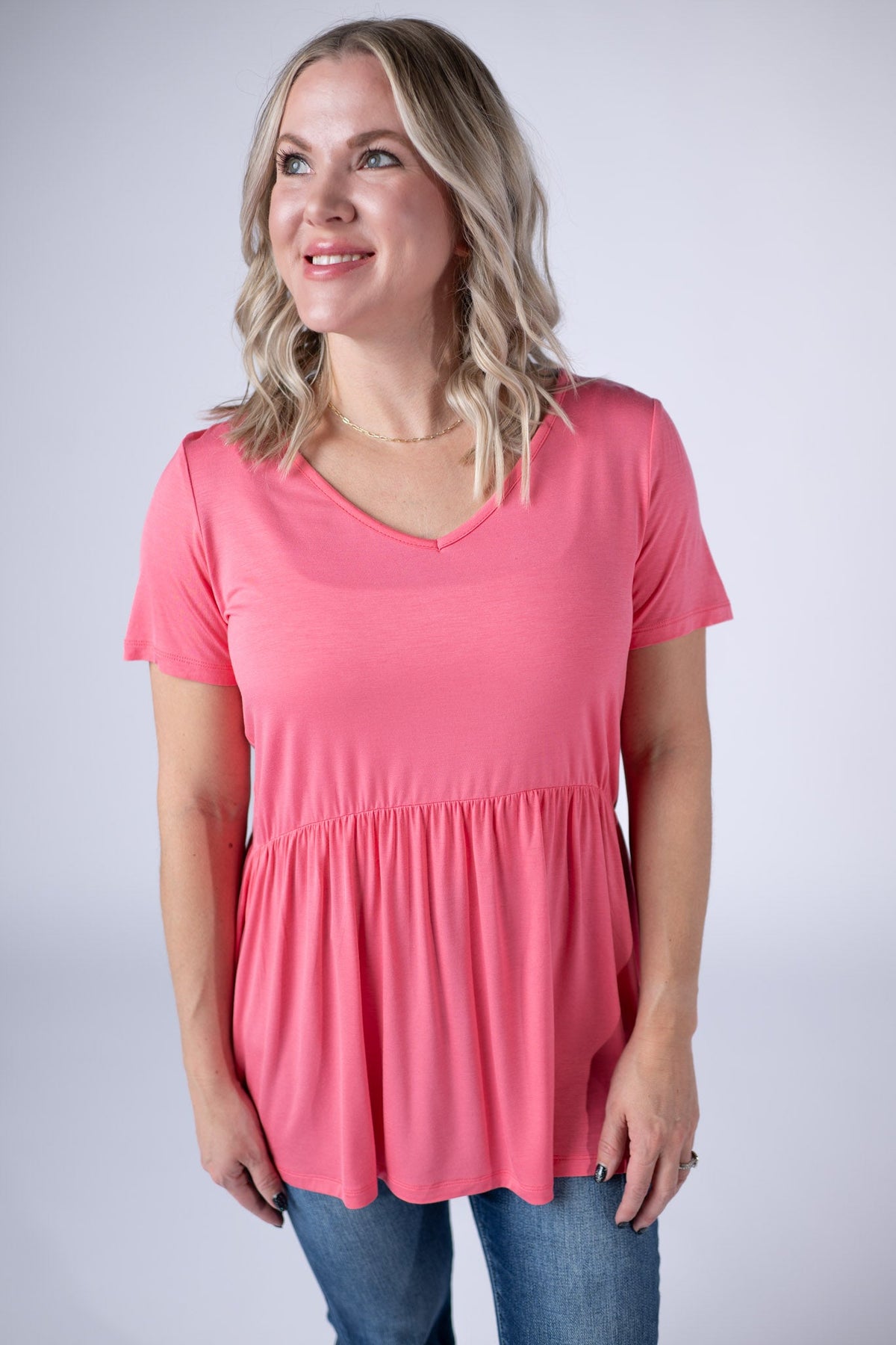 Sarah Ruffle Short Sleeve - Sun Kissed Coral-Tops-Villari Chic, women's online fashion boutique in Severna, Maryland