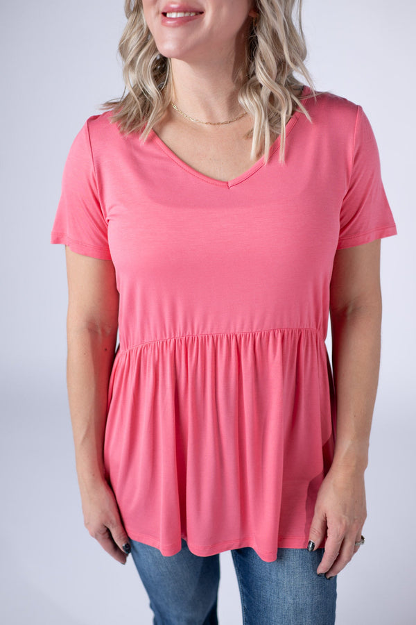 Sarah Ruffle Short Sleeve - Sun Kissed Coral-Tops-Villari Chic, women's online fashion boutique in Severna, Maryland