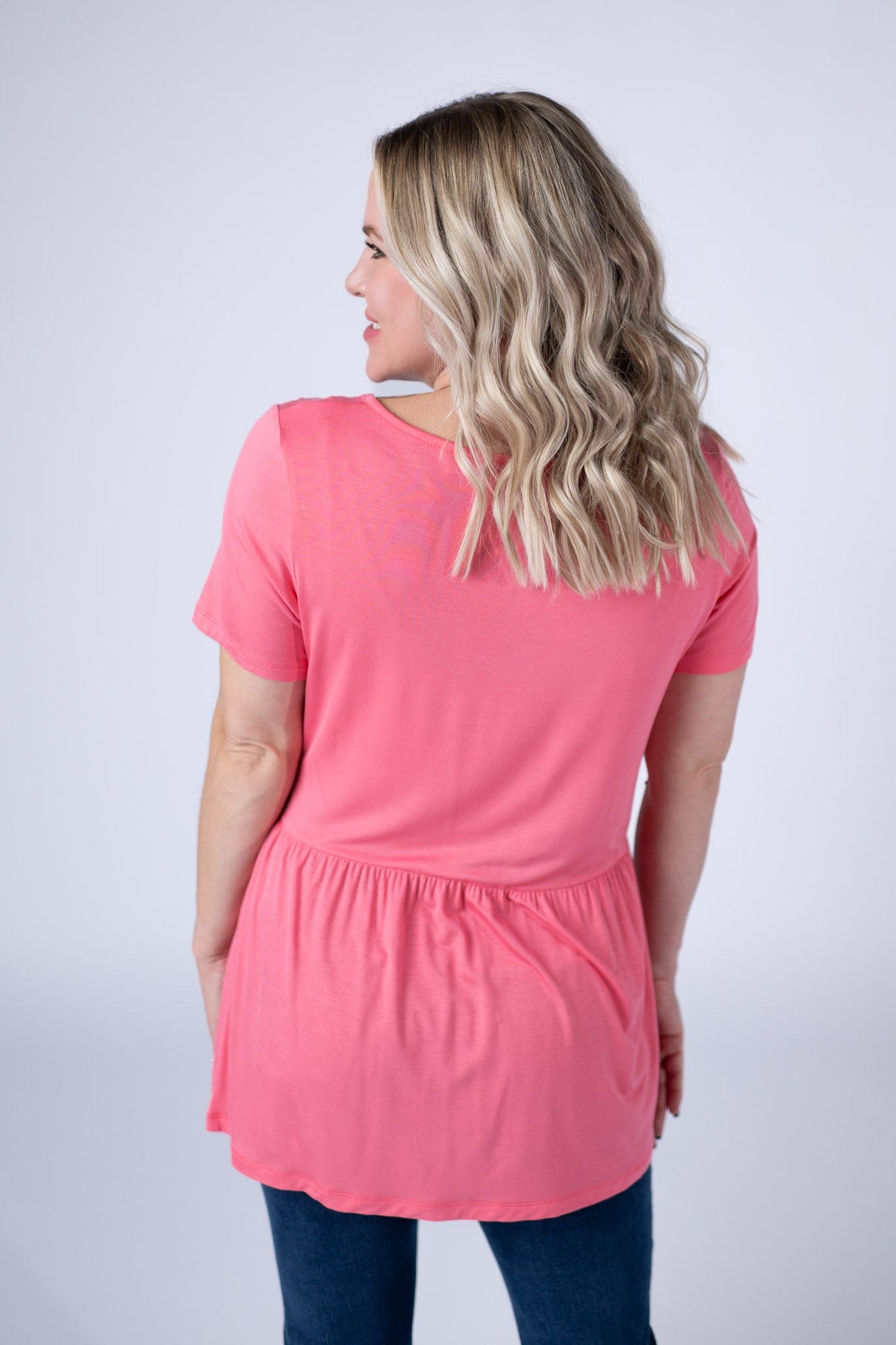 Sarah Ruffle Short Sleeve - Sun Kissed Coral-Tops-Villari Chic, women's online fashion boutique in Severna, Maryland