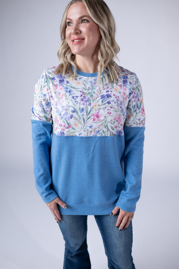 Natalie Pullover - Cottage Floral and Light Blue-Pullover-Villari Chic, women's online fashion boutique in Severna, Maryland