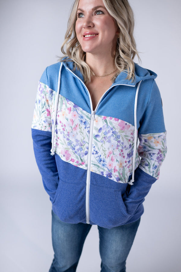 Colorblock Fullzip - Light Blue, Cottage Floral, and Blue-clothing-Villari Chic, women's online fashion boutique in Severna, Maryland