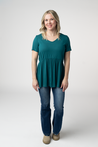Sarah Ruffle Short Sleeve - Teal-Tops-Villari Chic, women's online fashion boutique in Severna, Maryland