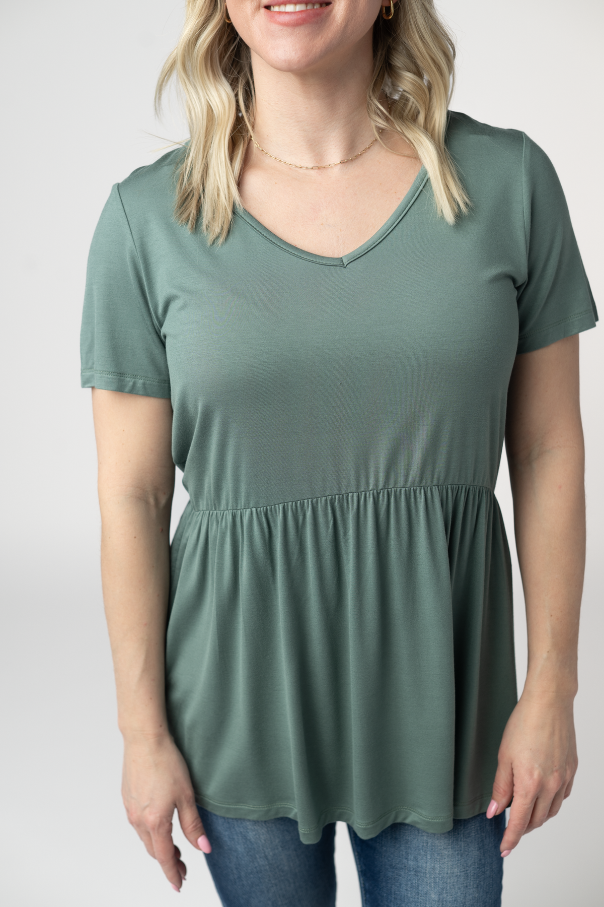 Sarah Ruffle Short Sleeve - Dusty Jade-Tops-Villari Chic, women's online fashion boutique in Severna, Maryland