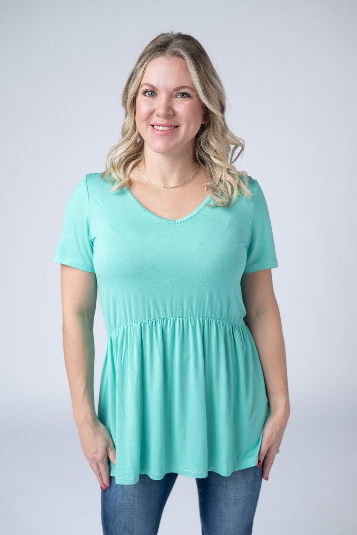 Sarah Ruffle Short Sleeve - Turquoise-Tops-Villari Chic, women's online fashion boutique in Severna, Maryland