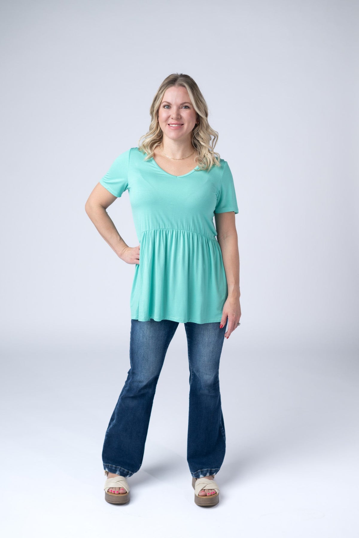 Sarah Ruffle Short Sleeve - Turquoise-Tops-Villari Chic, women's online fashion boutique in Severna, Maryland