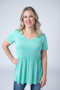 Sarah Ruffle Short Sleeve - Turquoise-Tops-Villari Chic, women's online fashion boutique in Severna, Maryland