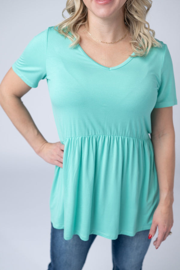 Sarah Ruffle Short Sleeve - Turquoise-Tops-Villari Chic, women's online fashion boutique in Severna, Maryland
