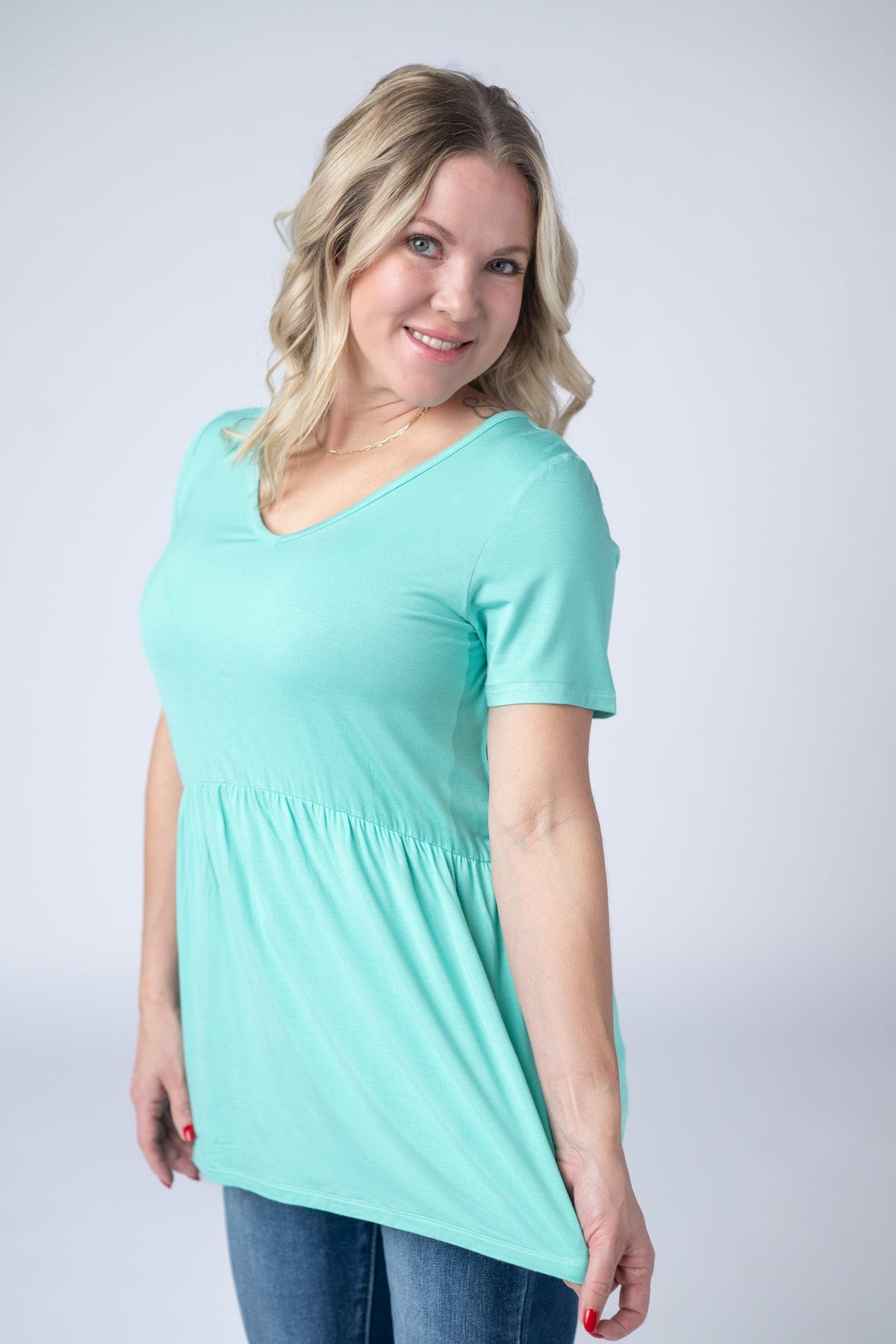 Sarah Ruffle Short Sleeve - Turquoise-Tops-Villari Chic, women's online fashion boutique in Severna, Maryland
