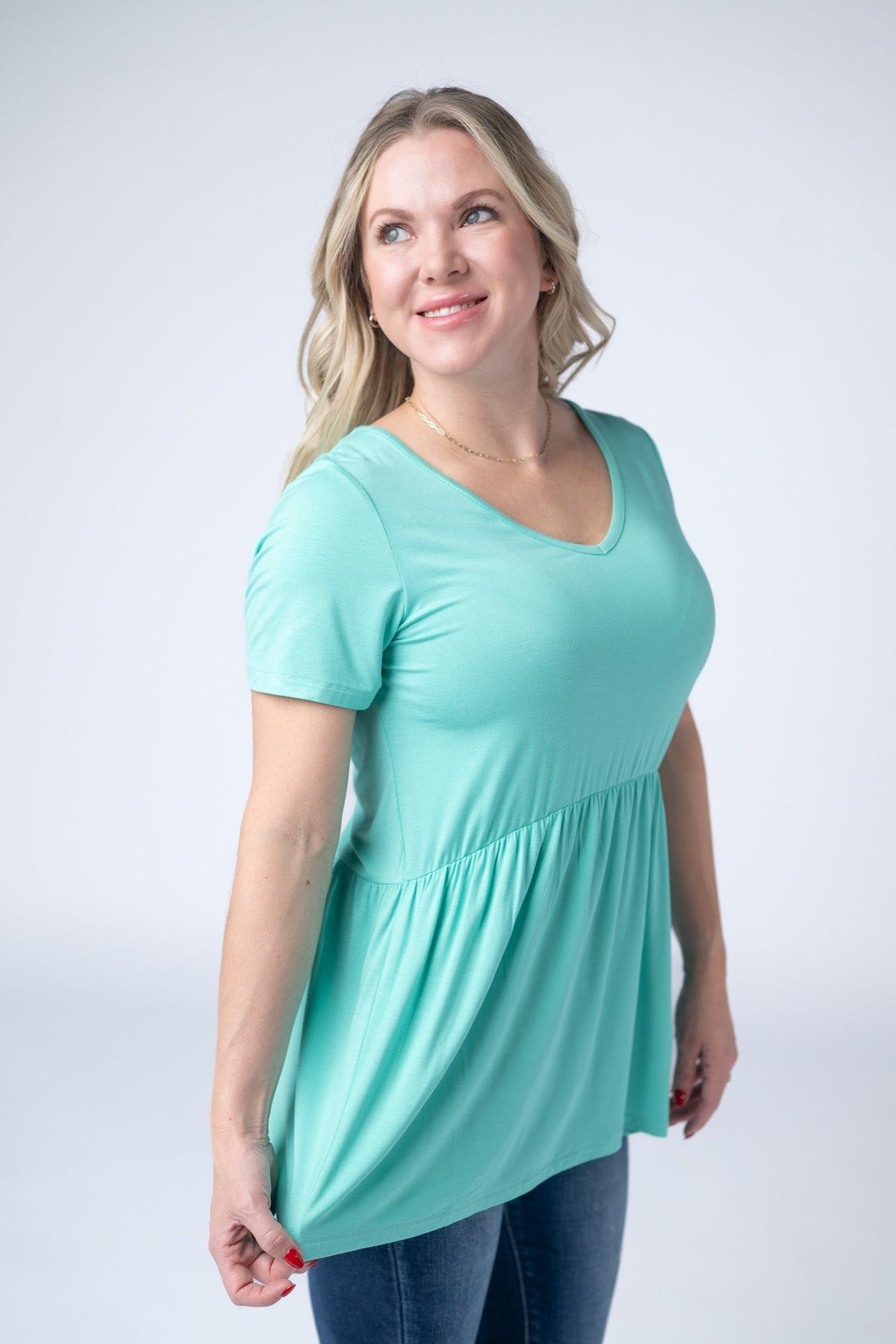 Sarah Ruffle Short Sleeve - Turquoise-Tops-Villari Chic, women's online fashion boutique in Severna, Maryland