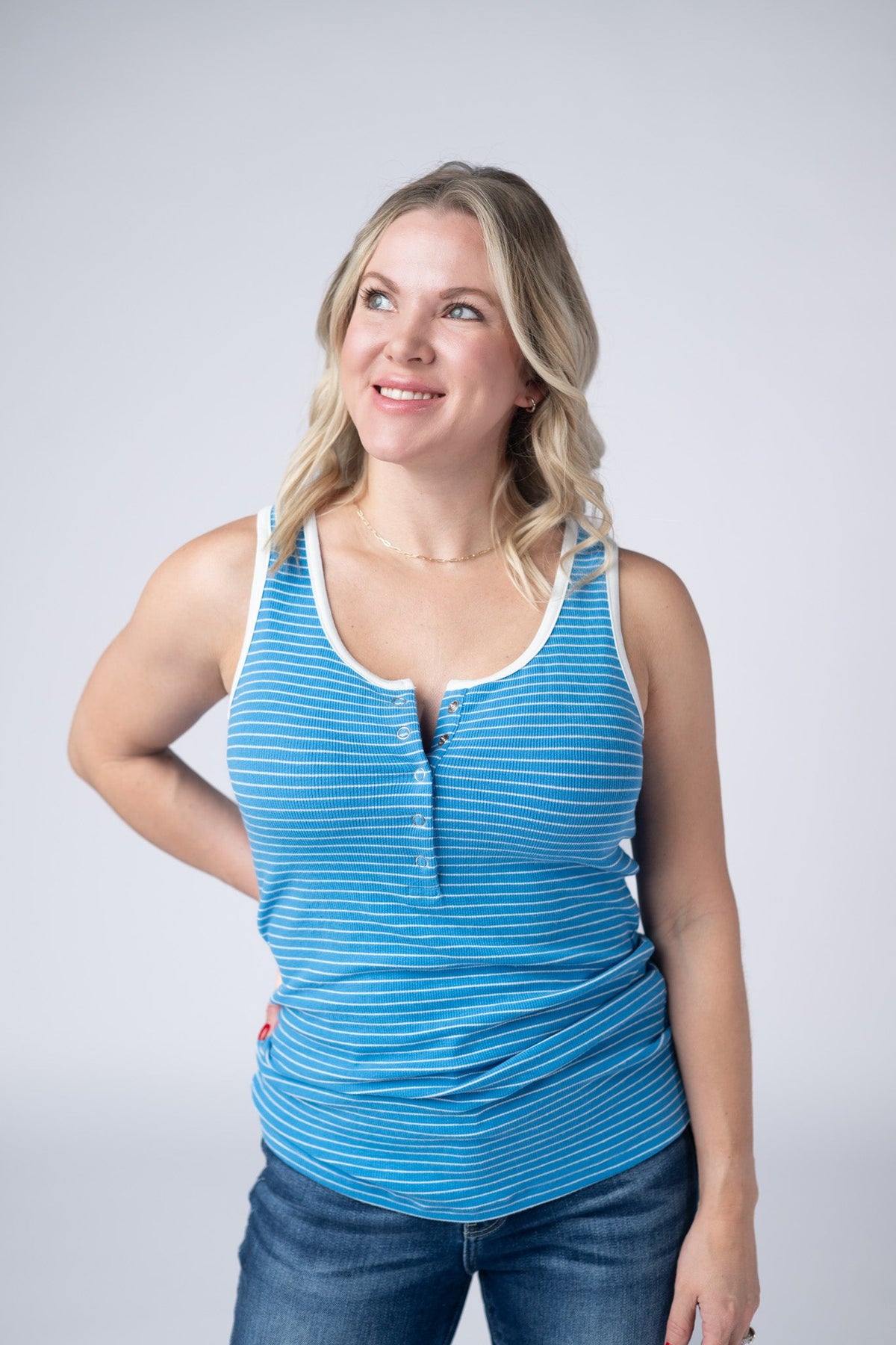 Shiloh Button Snap Tank - Ocean Blue-tanks-Villari Chic, women's online fashion boutique in Severna, Maryland