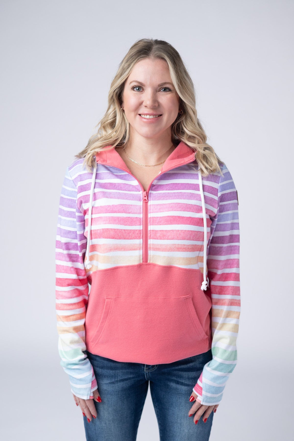 Classic Halfzip Hoodie - Rainbow Stripes and Sun Kissed Coral-Hoodie-Villari Chic, women's online fashion boutique in Severna, Maryland
