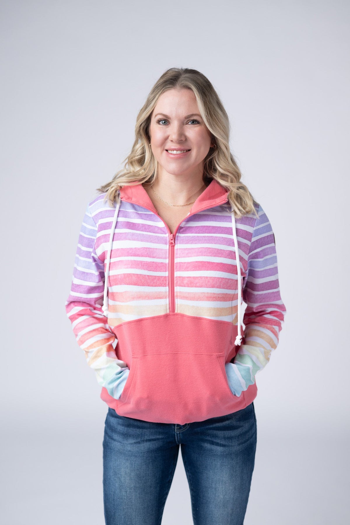 Classic Halfzip Hoodie - Rainbow Stripes and Sun Kissed Coral-Hoodie-Villari Chic, women's online fashion boutique in Severna, Maryland