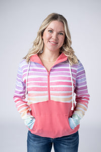 Classic Halfzip Hoodie - Rainbow Stripes and Sun Kissed Coral-Hoodie-Villari Chic, women's online fashion boutique in Severna, Maryland