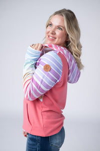 Classic Halfzip Hoodie - Rainbow Stripes and Sun Kissed Coral-Hoodie-Villari Chic, women's online fashion boutique in Severna, Maryland