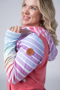 Classic Halfzip Hoodie - Rainbow Stripes and Sun Kissed Coral-Hoodie-Villari Chic, women's online fashion boutique in Severna, Maryland