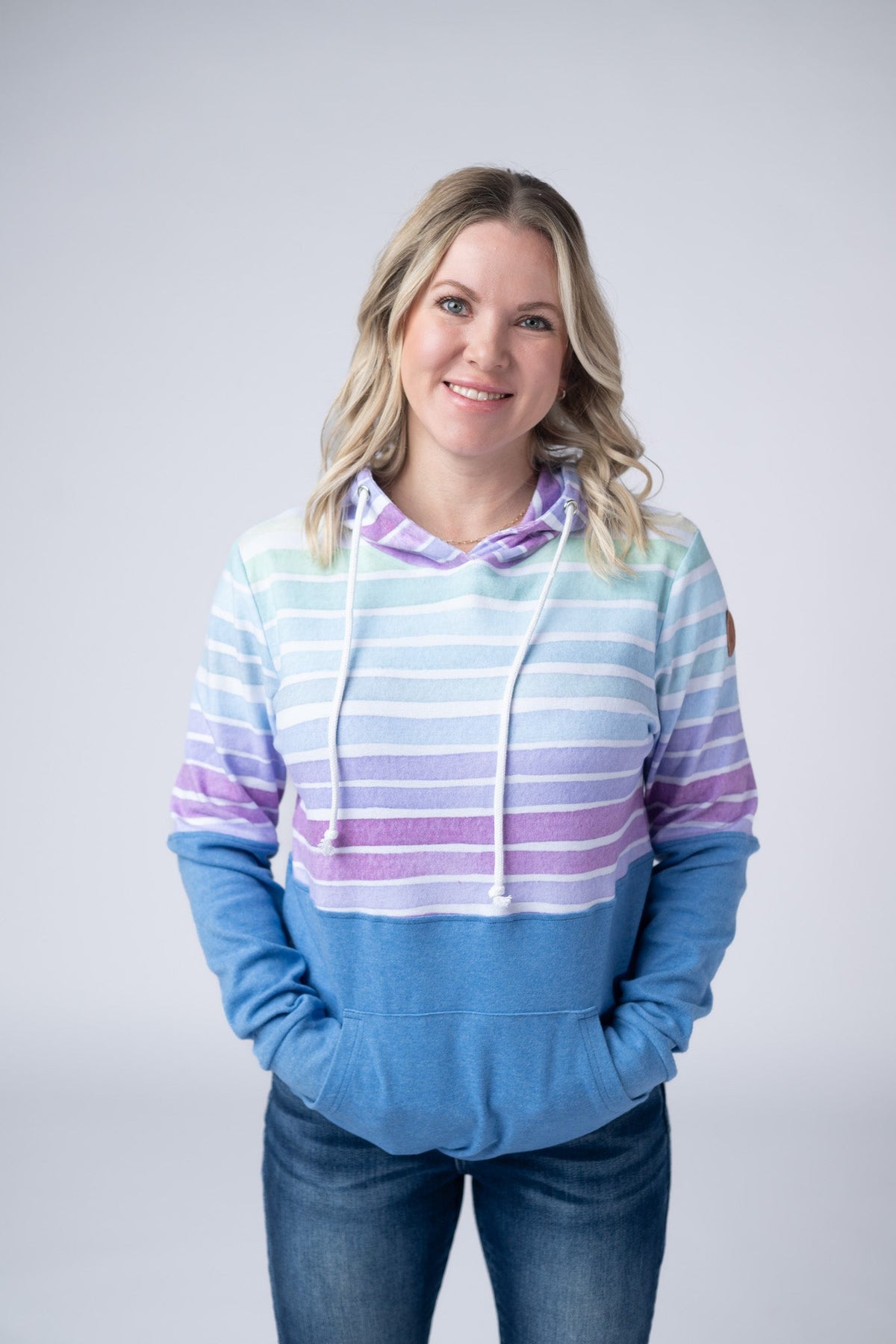 Hailey Pullover Hoodie - Rainbow Stripes and Blue-Hoodie-Villari Chic, women's online fashion boutique in Severna, Maryland