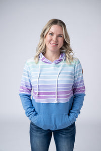 Hailey Pullover Hoodie - Rainbow Stripes and Blue-Hoodie-Villari Chic, women's online fashion boutique in Severna, Maryland