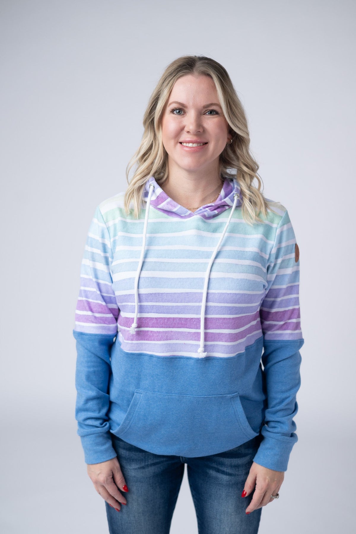 Hailey Pullover Hoodie - Rainbow Stripes and Blue-Hoodie-Villari Chic, women's online fashion boutique in Severna, Maryland