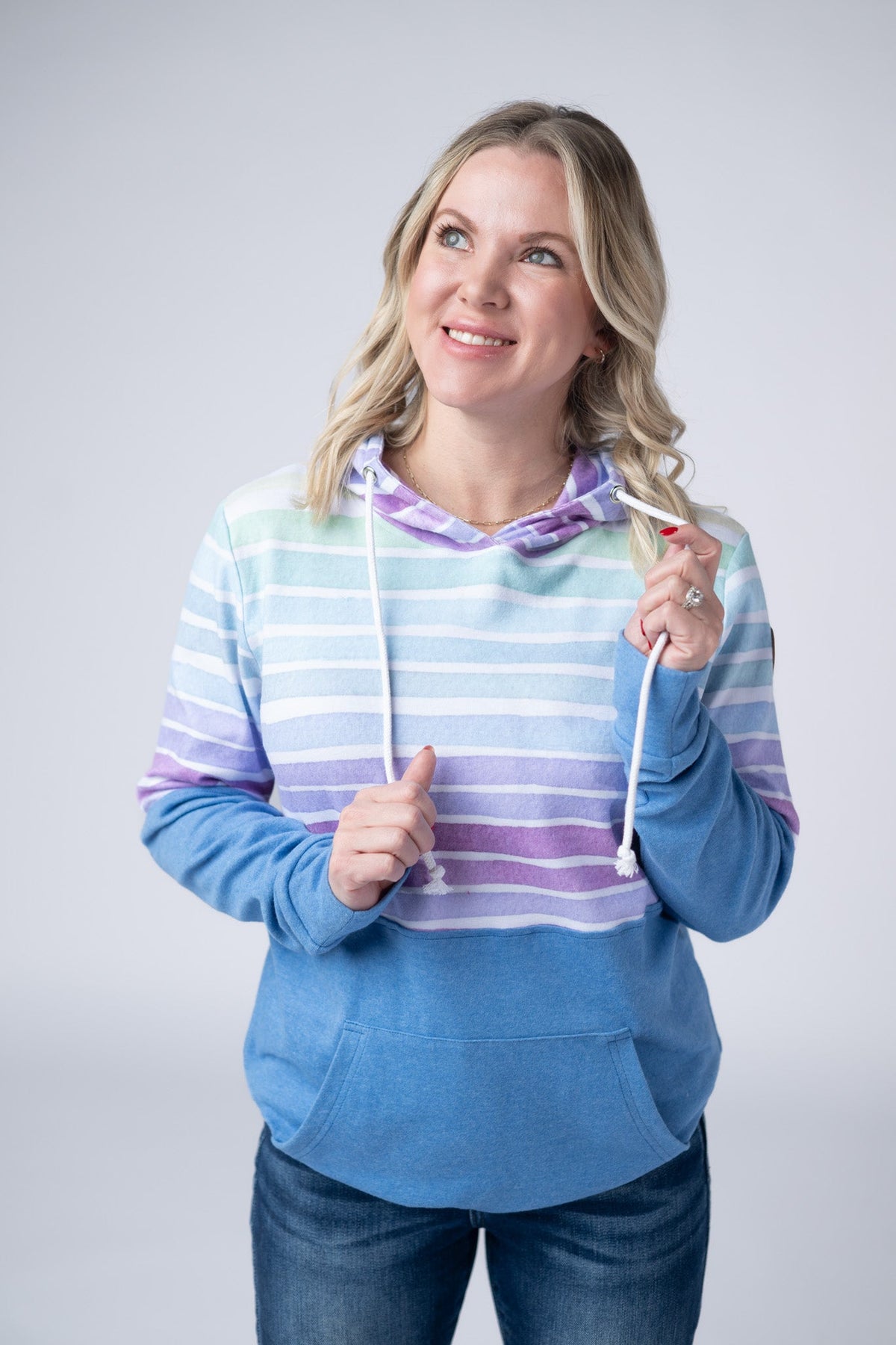 Hailey Pullover Hoodie - Rainbow Stripes and Blue-Hoodie-Villari Chic, women's online fashion boutique in Severna, Maryland