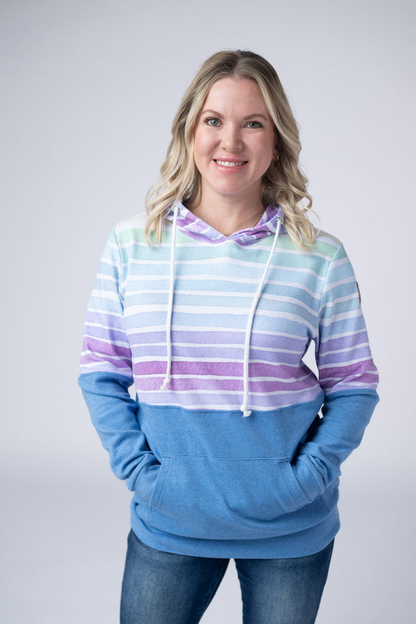 Hailey Pullover Hoodie - Rainbow Stripes and Blue-Hoodie-Villari Chic, women's online fashion boutique in Severna, Maryland