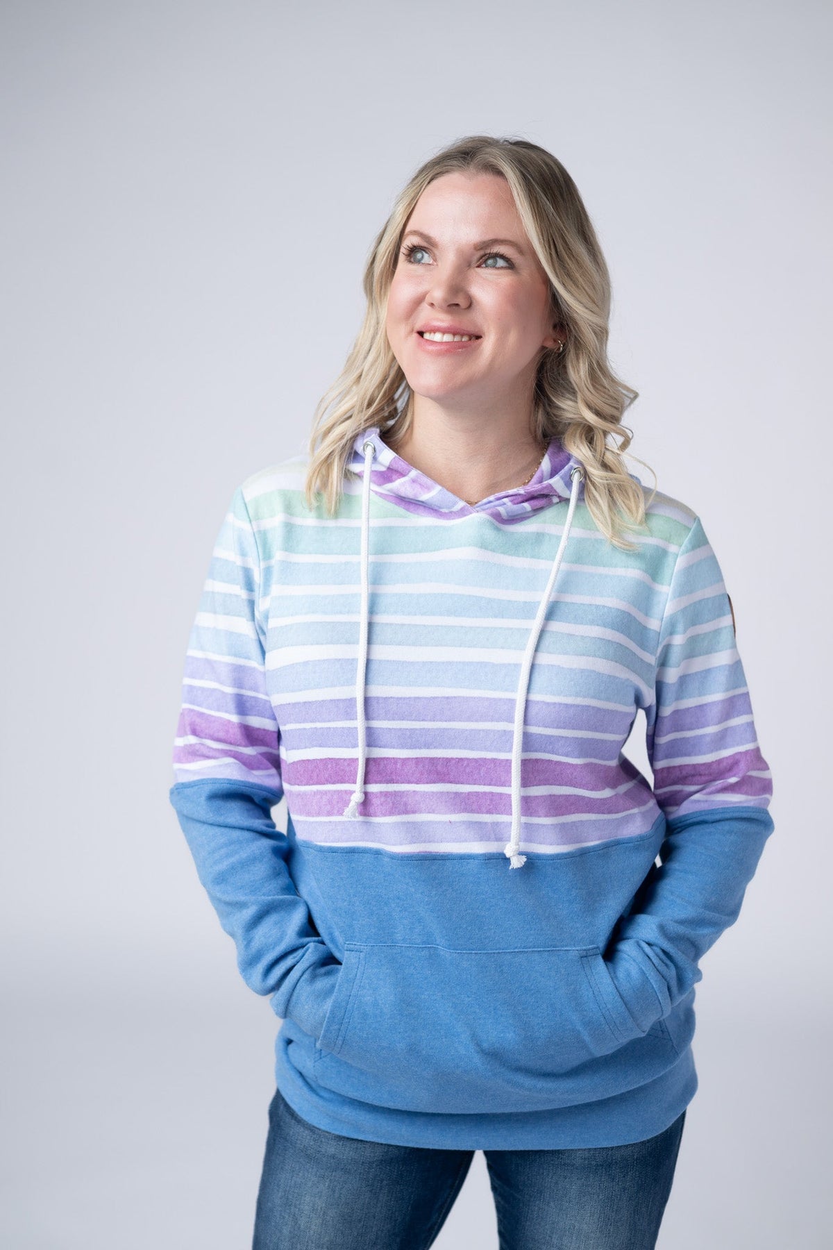 Hailey Pullover Hoodie - Rainbow Stripes and Blue-Hoodie-Villari Chic, women's online fashion boutique in Severna, Maryland