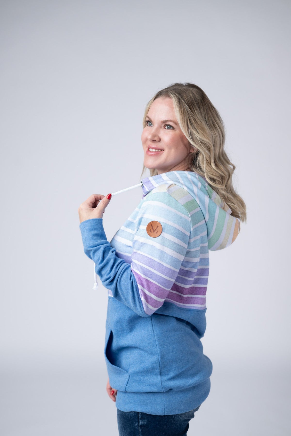 Hailey Pullover Hoodie - Rainbow Stripes and Blue-Hoodie-Villari Chic, women's online fashion boutique in Severna, Maryland