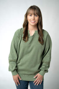 Lace Accent Vintage Wash Pullover - Olive-pullover-Villari Chic, women's online fashion boutique in Severna, Maryland