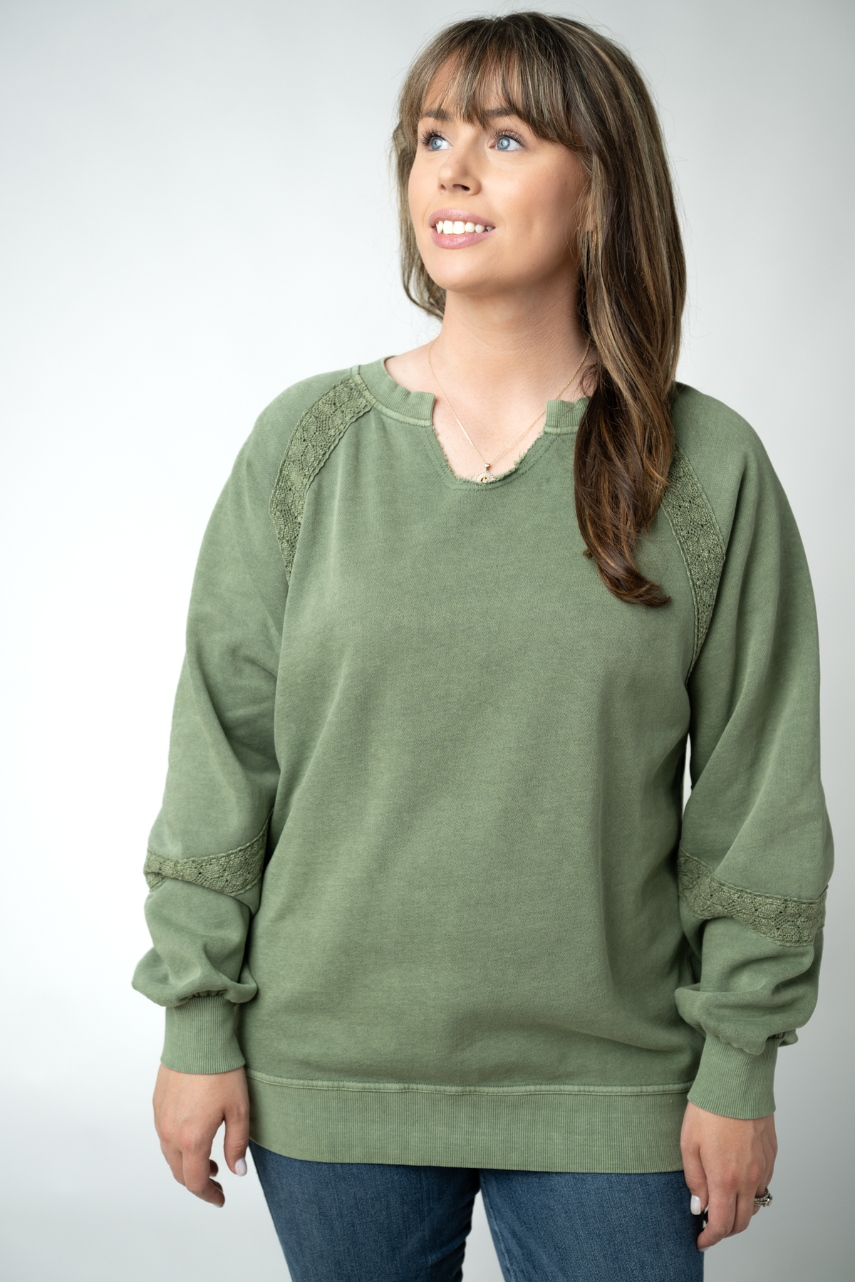 Lace Accent Vintage Wash Pullover - Olive-pullover-Villari Chic, women's online fashion boutique in Severna, Maryland