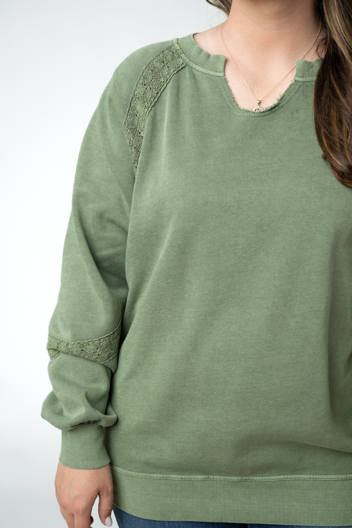 Lace Accent Vintage Wash Pullover - Olive-pullover-Villari Chic, women's online fashion boutique in Severna, Maryland