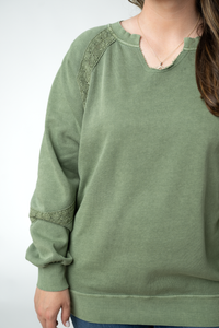 Lace Accent Vintage Wash Pullover - Olive-pullover-Villari Chic, women's online fashion boutique in Severna, Maryland