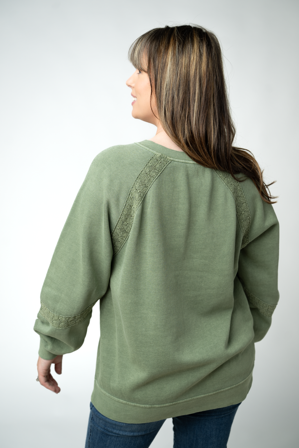Lace Accent Vintage Wash Pullover - Olive-pullover-Villari Chic, women's online fashion boutique in Severna, Maryland