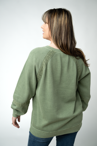 Lace Accent Vintage Wash Pullover - Olive-pullover-Villari Chic, women's online fashion boutique in Severna, Maryland