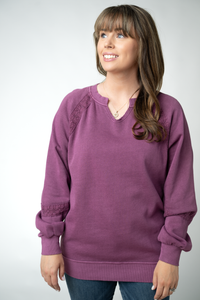 Lace Accent Vintage Wash Pullover - Purple-pullover-Villari Chic, women's online fashion boutique in Severna, Maryland