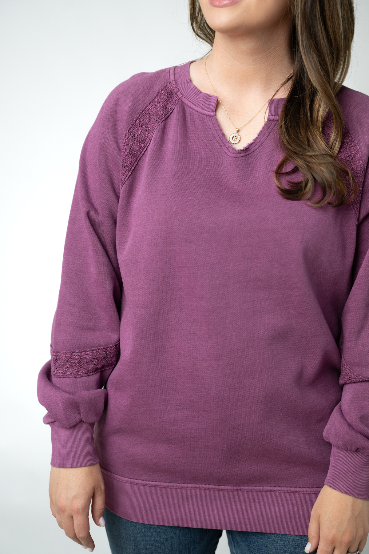 Lace Accent Vintage Wash Pullover - Purple-pullover-Villari Chic, women's online fashion boutique in Severna, Maryland