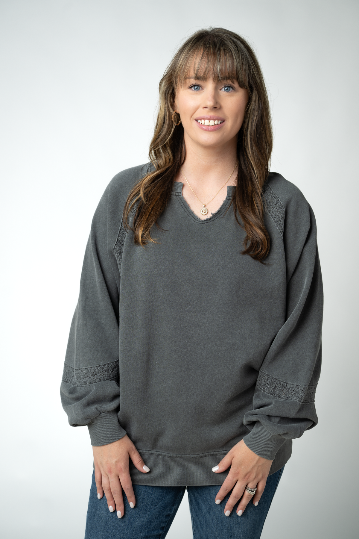Lace Accent Vintage Wash Pullover - Black-pullover-Villari Chic, women's online fashion boutique in Severna, Maryland