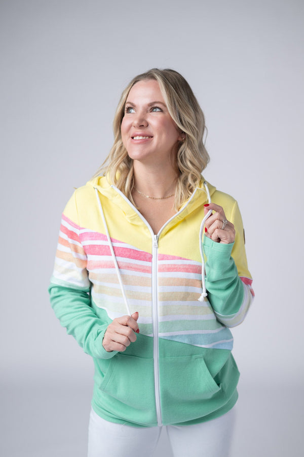 Colorblock Fullzip - Yellow, Rainbow Stripes, and Lime-clothing-Villari Chic, women's online fashion boutique in Severna, Maryland