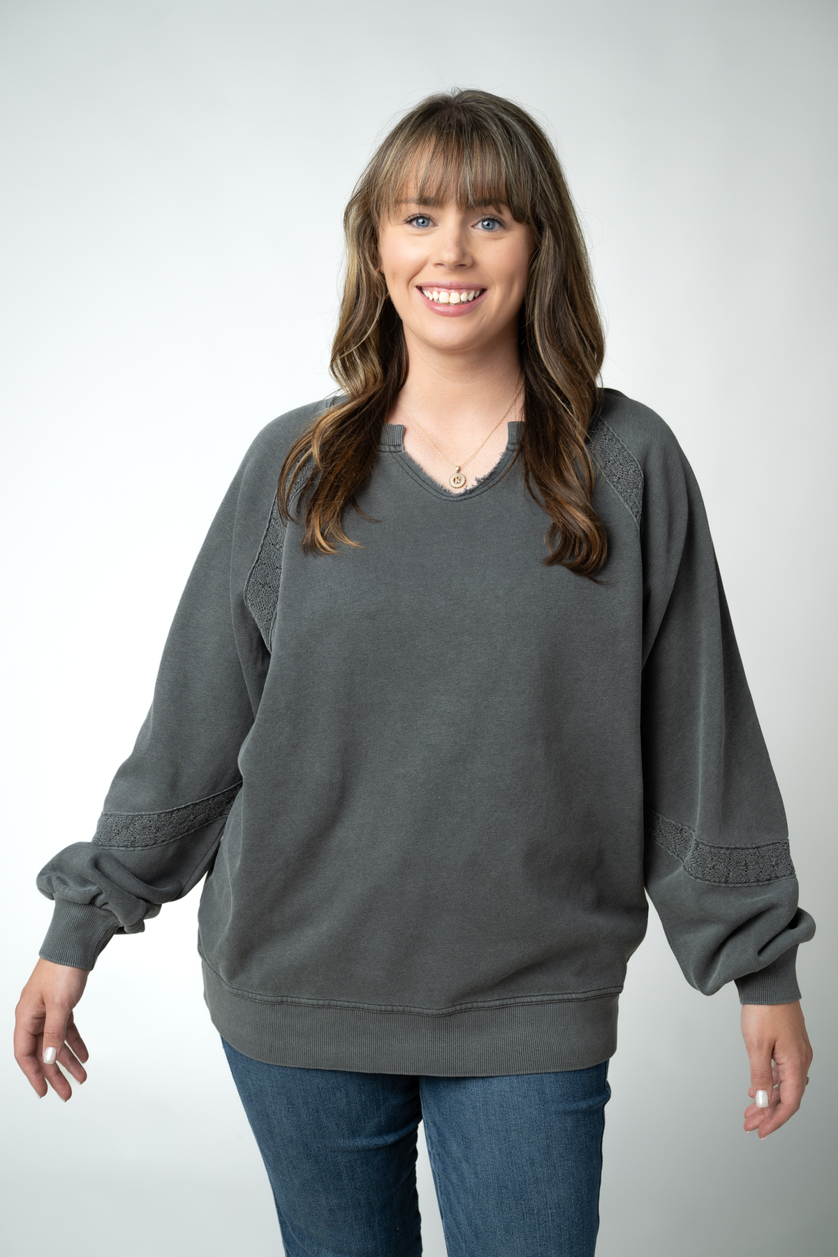 Lace Accent Vintage Wash Pullover - Black-pullover-Villari Chic, women's online fashion boutique in Severna, Maryland