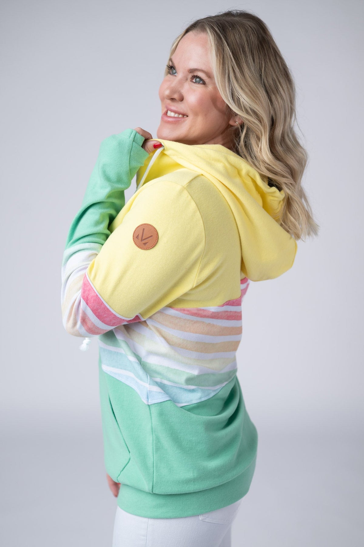 Colorblock Fullzip - Yellow, Rainbow Stripes, and Lime-clothing-Villari Chic, women's online fashion boutique in Severna, Maryland