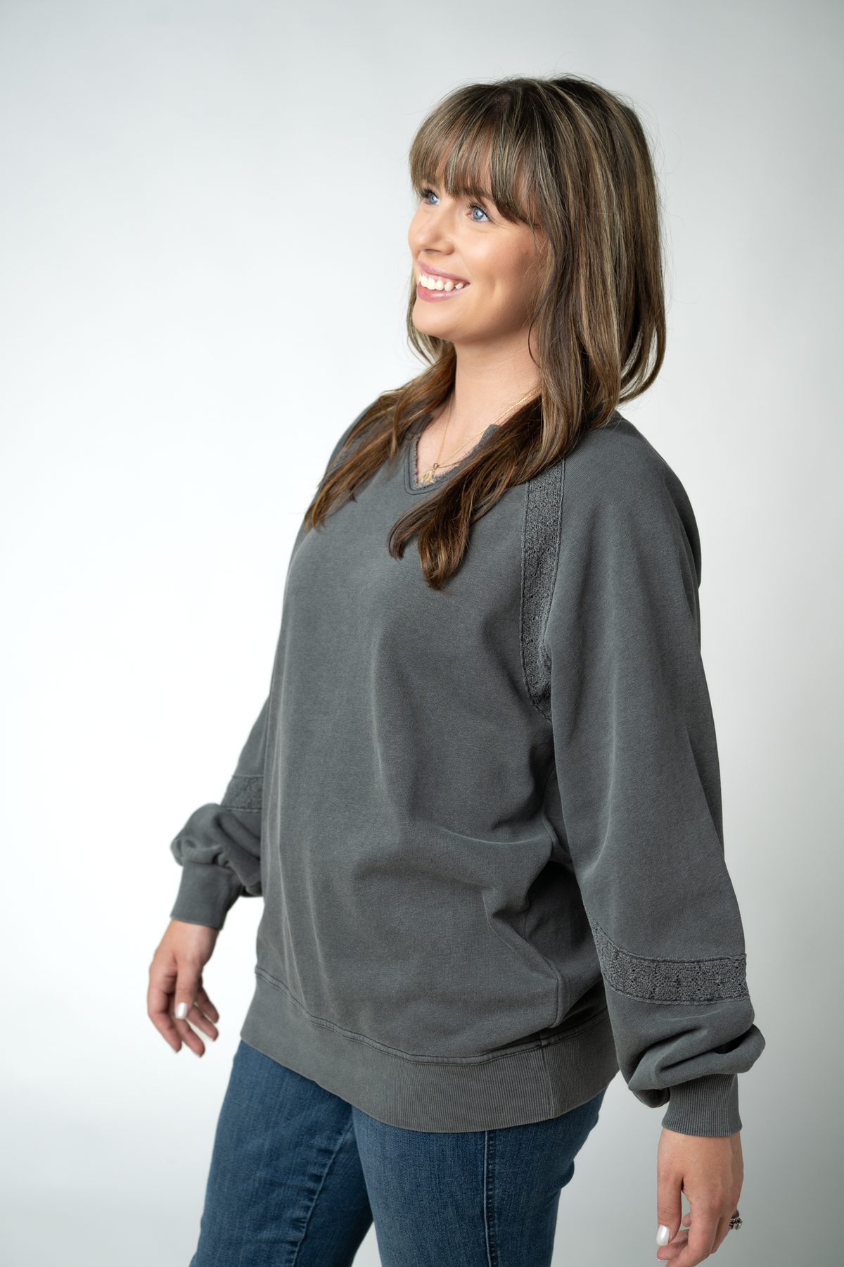 Lace Accent Vintage Wash Pullover - Black-pullover-Villari Chic, women's online fashion boutique in Severna, Maryland