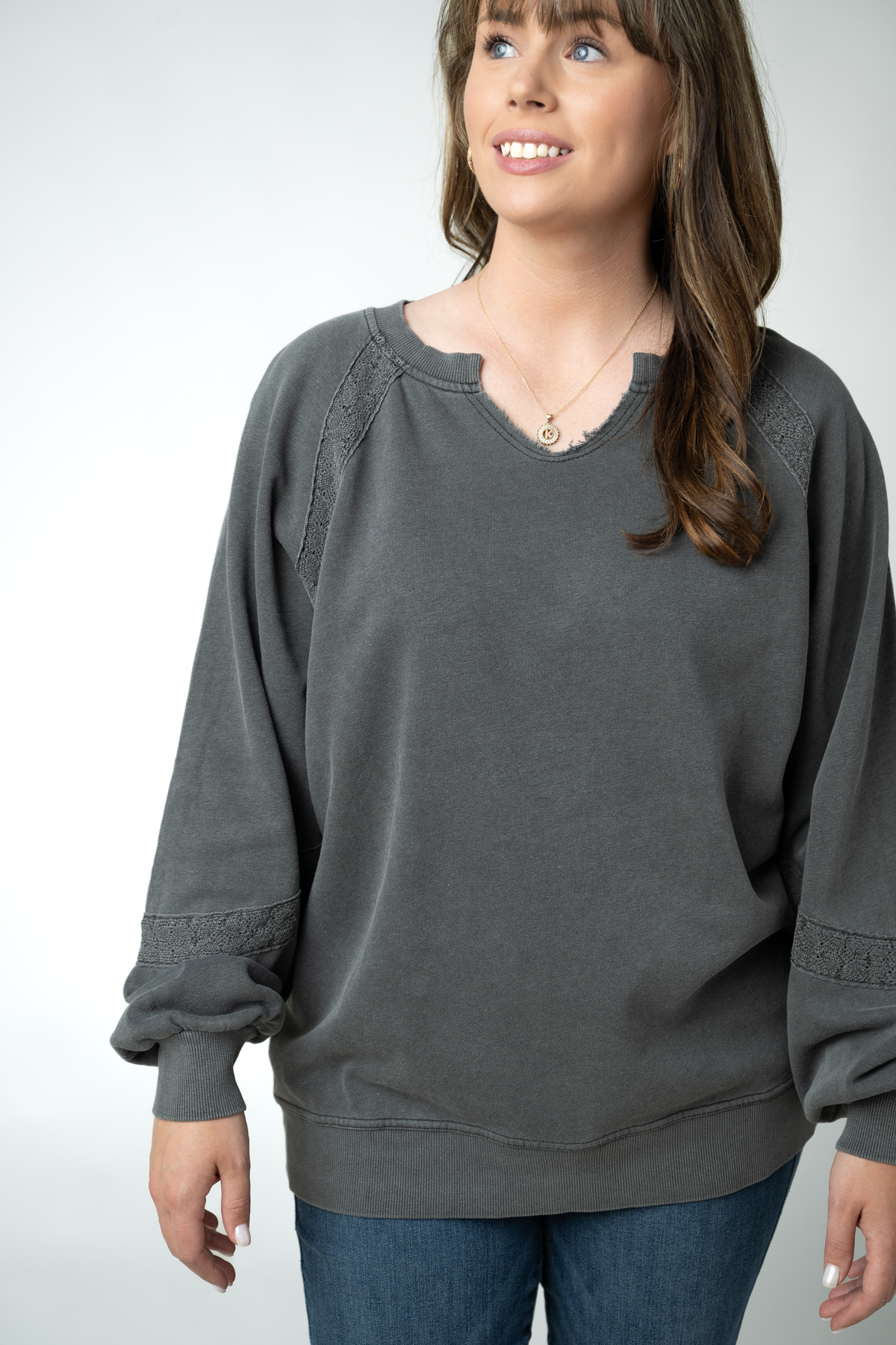 Lace Accent Vintage Wash Pullover - Black-pullover-Villari Chic, women's online fashion boutique in Severna, Maryland