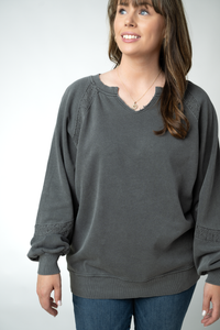 Lace Accent Vintage Wash Pullover - Black-pullover-Villari Chic, women's online fashion boutique in Severna, Maryland