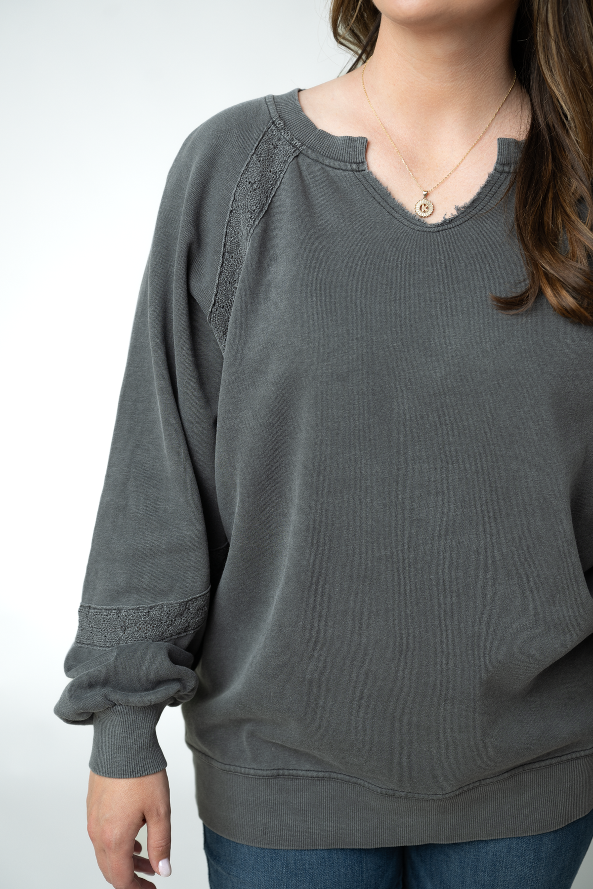 Lace Accent Vintage Wash Pullover - Black-pullover-Villari Chic, women's online fashion boutique in Severna, Maryland