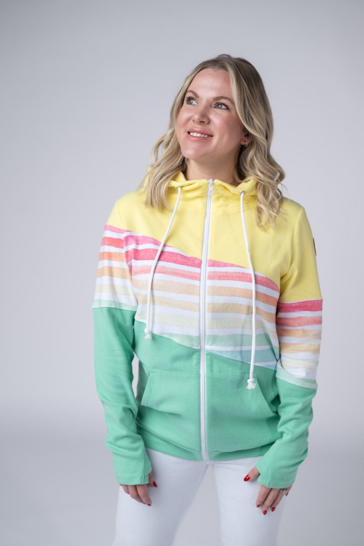 Colorblock Fullzip - Yellow, Rainbow Stripes, and Lime-clothing-Villari Chic, women's online fashion boutique in Severna, Maryland