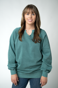Lace Accent Vintage Wash Pullover - Teal-pullover-Villari Chic, women's online fashion boutique in Severna, Maryland