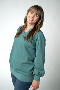 Lace Accent Vintage Wash Pullover - Teal-pullover-Villari Chic, women's online fashion boutique in Severna, Maryland