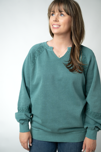Lace Accent Vintage Wash Pullover - Teal-pullover-Villari Chic, women's online fashion boutique in Severna, Maryland