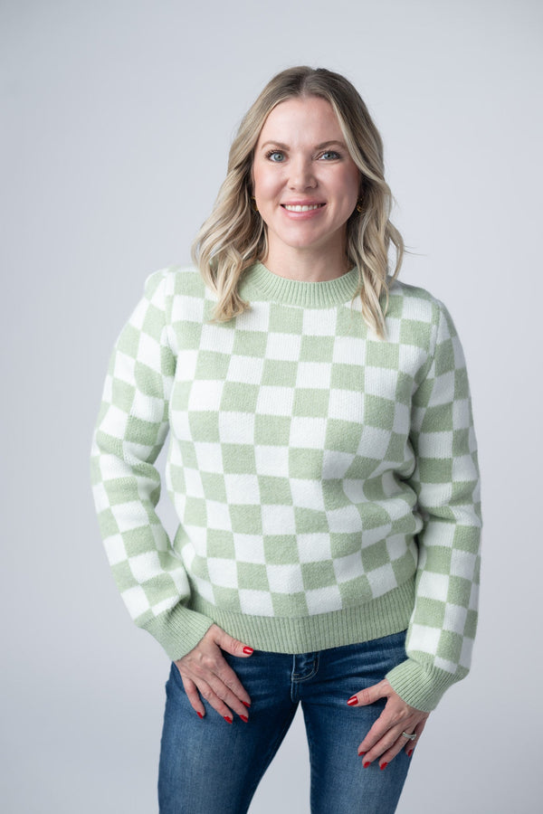 Checkered Sweater - Sage and White-Sweater-Villari Chic, women's online fashion boutique in Severna, Maryland