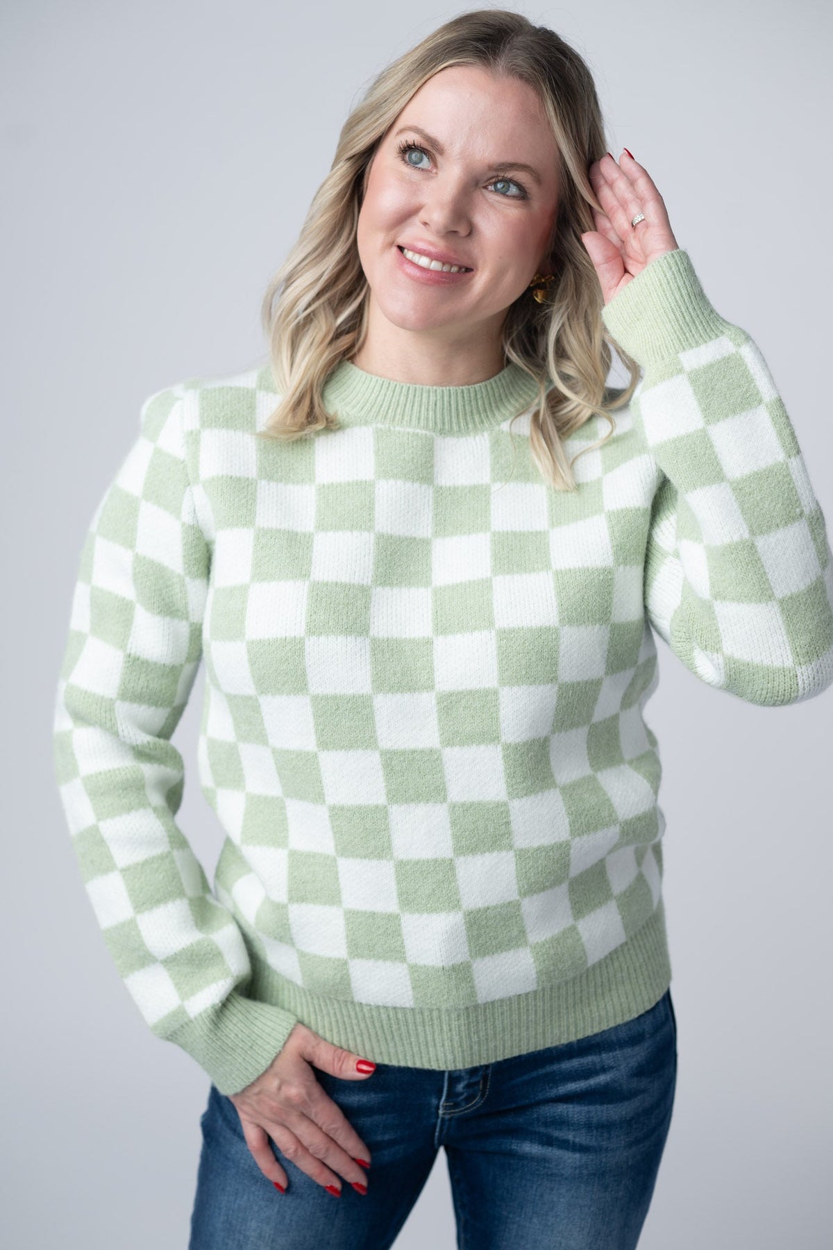 Checkered Sweater - Sage and White-Sweater-Villari Chic, women's online fashion boutique in Severna, Maryland